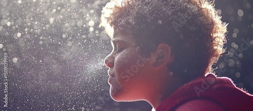Boy exhales snowy breath, winter outdoors, bokeh background, health ad