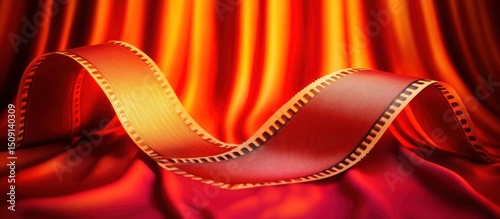 Film reel on red fabric, backdrop, cinema