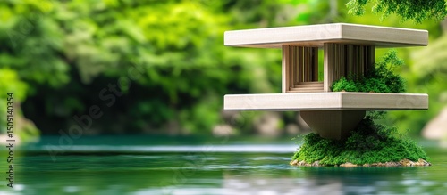 Modern house, lake, green nature, tranquility