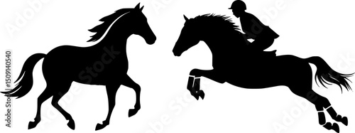 Horse Silhouettes Running and Jumping – Vector Illustration of Galloping Horse and Show Jumping Rider, Black and White Animal Design for Equine Sports, Farm, and Wildlife Concepts
