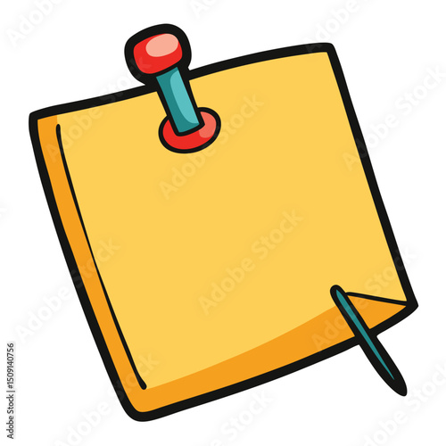 Yellow sticky note pinned to corkboard with pushpin