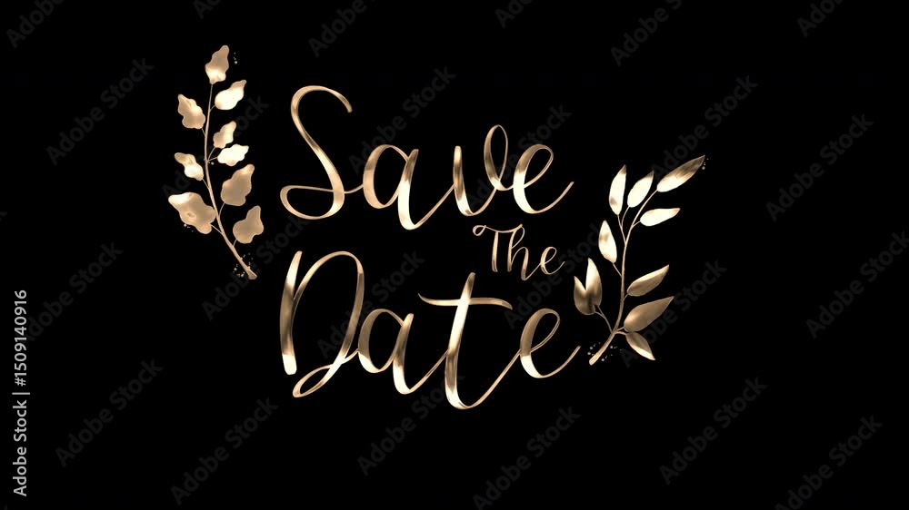 Elegant Save the Date Invitation: A calligraphic flourish on a solid black background, adorned with golden botanical accents, signaling a special occasion on the horizon.