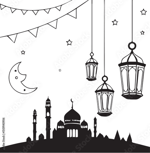A beautifully detailed silhouette of an Islamic city skyline under a sky full of decorative hanging lanterns and stars, capturing the spirit of Eid.