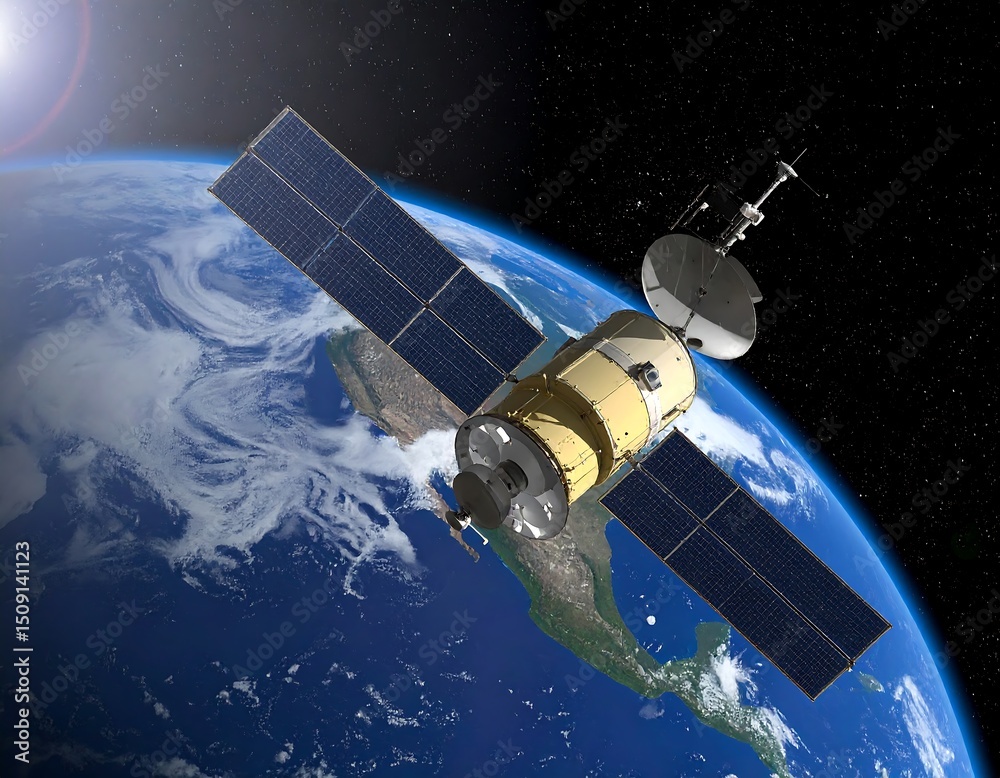Fototapeta premium Satellite orbiting Earth, sun in background