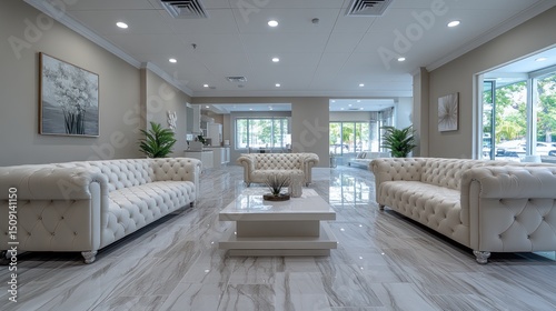 Luxurious waiting room interior design, bright windows, marble floor, modern furniture