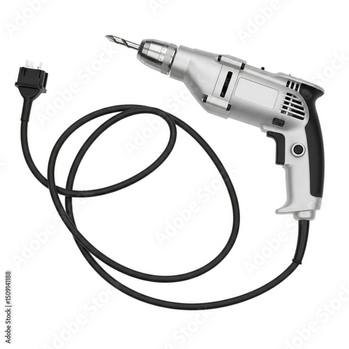 Electric Corded Drill with Twisted Black Cable Isolated on White Background.