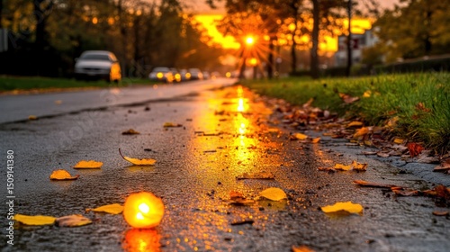 Autumn sunset street, candlelight, wet leaves, traffic