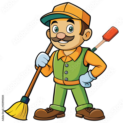 Street cleaner sweeping sidewalk with broom and dustpan