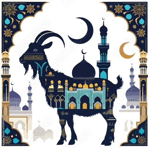 Eid Al Adha Word Arabic Moon With Goat And Lanterns Vector Illustration Vector PNG Images
