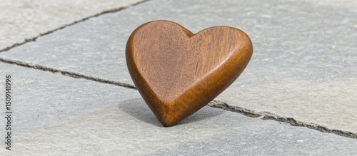 Wooden heart on stone pavement, outdoor setting; sympathy gift