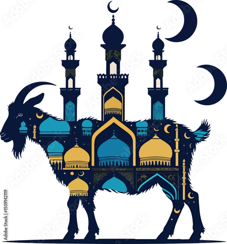Eid Al Adha Word Arabic Moon With Goat And Lanterns Vector Illustration Vector PNG Images
