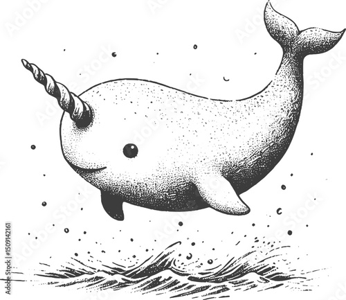 Arctic Unicorn Minimalist Narwhal linework ink sketch hand drawn pen drawing vector illustration background