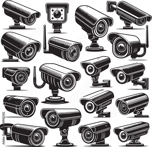 cctv camera set black silhouette art design transparent background stock photos premium quality