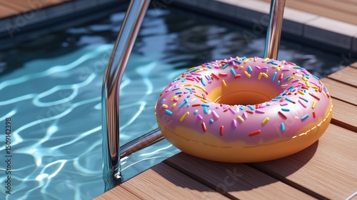 Inflatable circle by the pool on blue water for summer holidays
