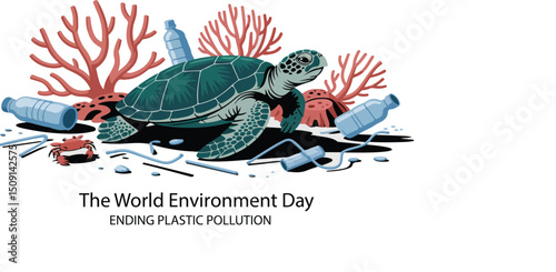 The World Environment Day vector illustration, Protect Our Oceans, Restore Our Reefs Ending Plastic Pollution