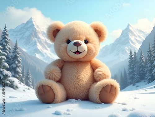 giant, fluffy teddy bear sits in snowy landscape, surrounded by majestic mountains. Its warm smile and soft fur create cheerful and inviting atmosphere