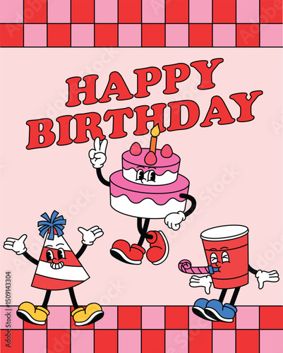 happy birthday card with a cake template, pink birthday portrait banner with cute retro mascot illustration, cartoon birthday cake with pink background vector