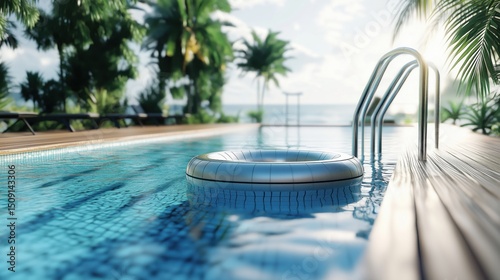 Inflatable circle by the pool on blue water for summer holidays