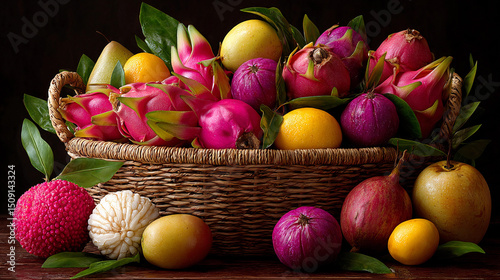 Fresh tropical fruit arrangement in a woven basket on a dark table