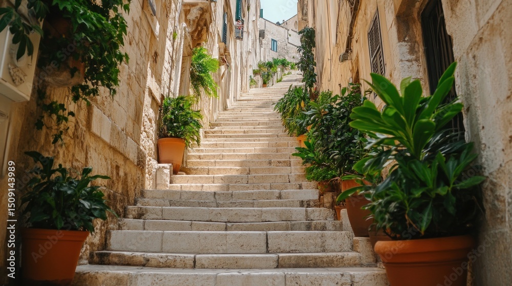 Fototapeta premium Stone Steps, Plants, Sunlight