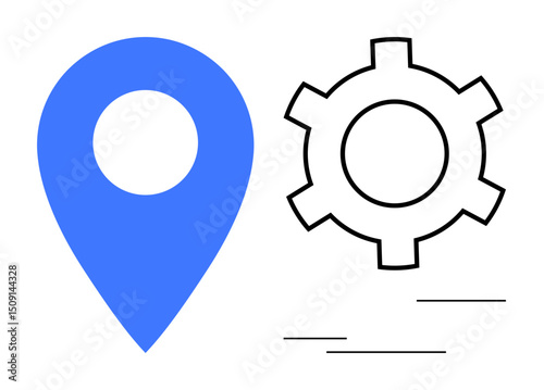 Blue location pin next to a black outlined gear, symbolizing navigation, system optimization, process management. Ideal for tech, productivity, engineering, blog graphics, app interfaces mobile