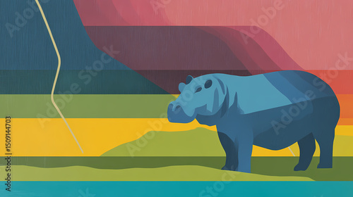 Hippopotamus amidst a stormy sky with high tension and dynamic weather. Flat Tension. Illustration