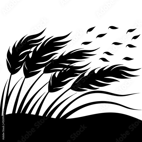 Silhouette of Windy Weather Grass Swaying in the Breeze Design
