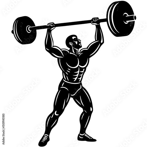 Silhouette of Weightlifter Doing an Overhead Press Exercise with Barbell