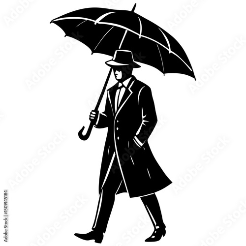 Silhouette of Mysterious Man Walking Under Umbrella in Black and White