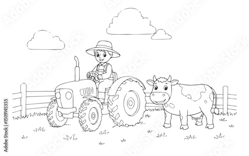 Young farmer driving tractor with cow in countryside landscape  