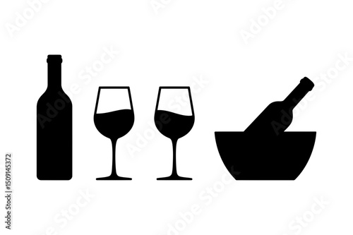Wine bottle and glasses vector silhouette graphic