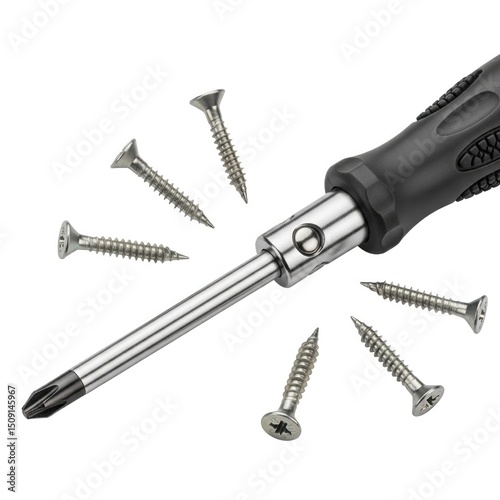 Magnetic Screwdriver with Scattered Screws Isolated on White Background.
