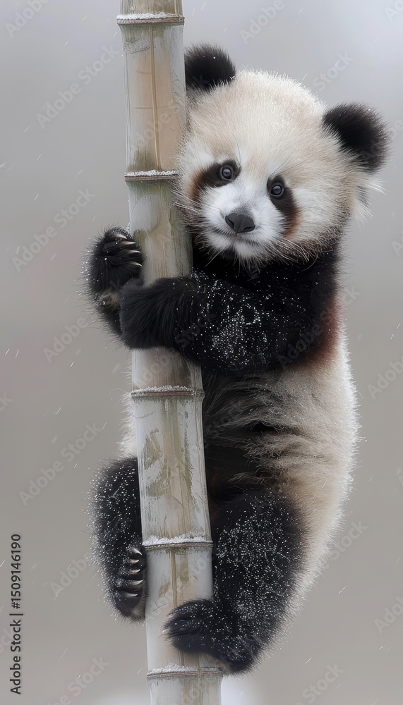 Fototapeta premium Red panda ascends bamboo in a mystical forest enveloped in soft mist and serenity