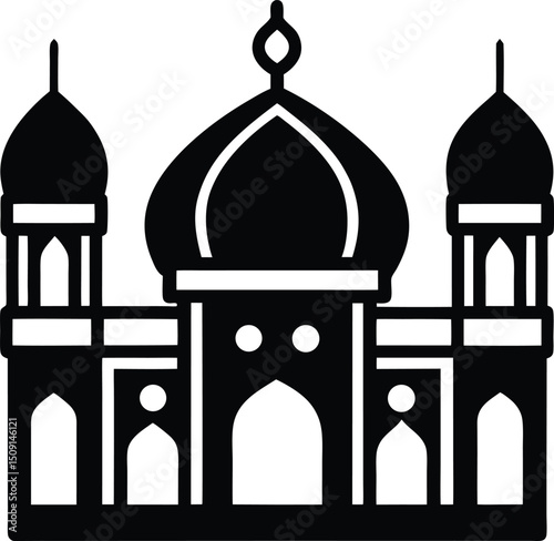 Black Silhouette of Islamic Mosque with Domes and Twin Minarets