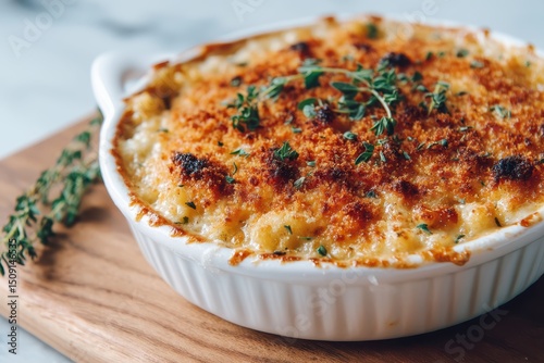 Mac and Cheese überbacken mit goldbrauner Käseschicht und frischen Kräutern cremige Käsenudeln im Ofen gebacken amerikanisches Soulfood Käseauflauf Komfortessen Foodfotografie Nahaufnahme