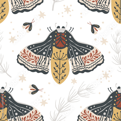 A repeating pattern featuring a moth surrounded by stars on a dark background