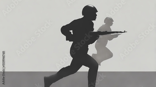 Into the fray: a black and white war photography. Monochrome Action. Illustration