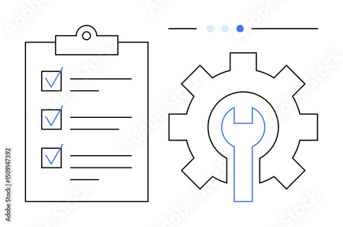 Clipboard with checklist and gear with wrench signify workflow, efficiency, planning, and productivity. Ideal for project management, business strategy, teamwork, software settings, development