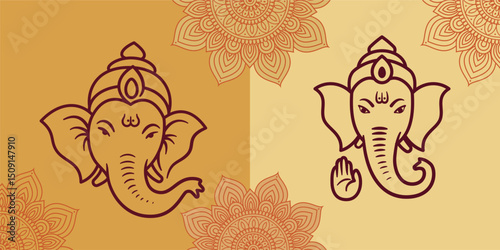 Outline Ganesha Head Icons with Mandala Background - Ganesh Chaturthi Vector