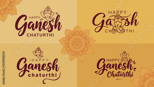 Happy Ganesh Chaturthi Vector Collection with Ganesha Icons and Mandala Elements