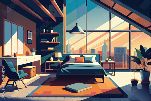 Modern City View Bedroom. Sunrise in a Stylish Penthouse Apartment