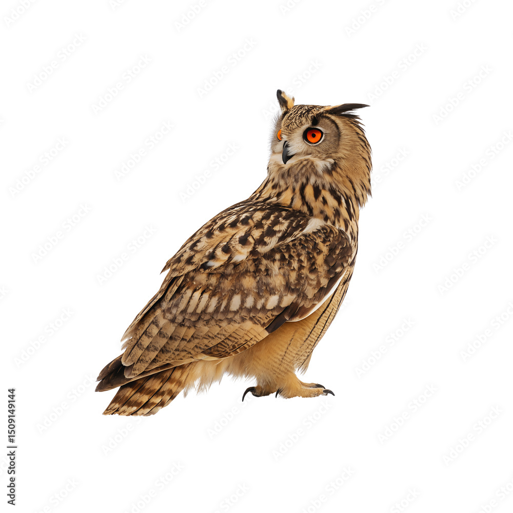 Naklejka premium Eurasian eagle owl Bubo bubo isolated for wildlife design use. a close up of an owl. Eagle owl on white background