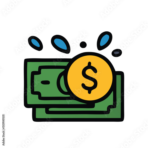 Illustration depicting wealth accumulation with cash currency and coin symbol