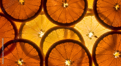 Citrus Slices Symphony: A close-up showcases translucent orange slices, arranged in a radiant composition, the warm light filtering through, revealing their vibrant juicy essence.