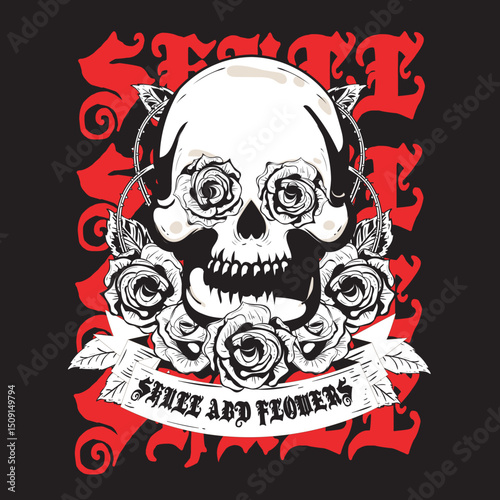 Skull and Flower Vintage T Shirt Design.Best Selling T Shirt Design.