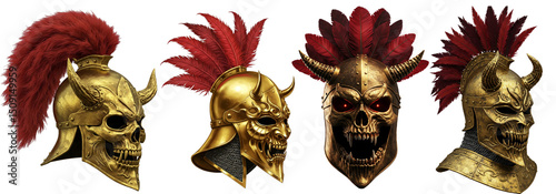 set of an antique gold helmets with a demon-shaped visor on a ransparent background