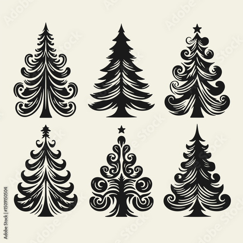 Set of elegant vintage-style black and white Christmas trees. Hand-drawn with bold lines and high contrast in classic linocut technique, perfect for retro holiday designs and decorations.