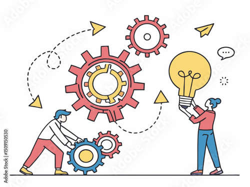 Businessman with a light bulb symbolizing an innovative idea, powered by the collaborative teamwork of people and intricate gears representing a mechanism for success