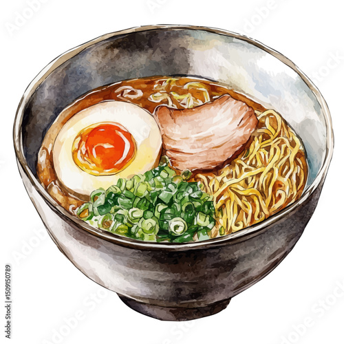 Ramen Bowl, watercolor vector, high quality, isolated on a white background.
