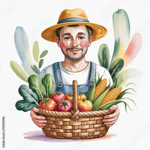 man with basket of vegetables, farmer offers vegetables